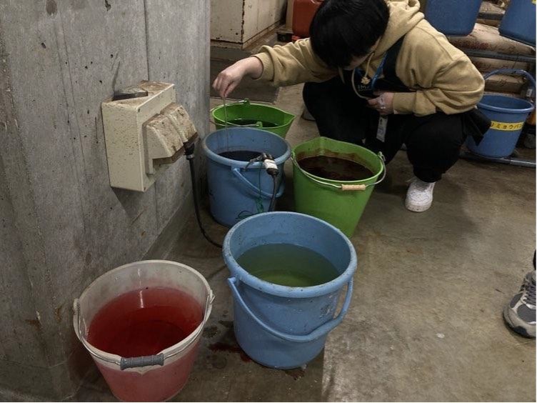 A person crouching next to buckets of waterDescription automatically generated